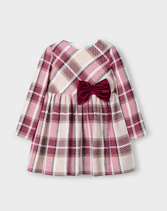 Mayoral girls formal plaid & velvet dress, cherry red, front view