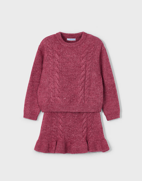 Mayoral girls eco-recycled fibers 2 piece tricot knit sweater and skirt set, cherry red, front view