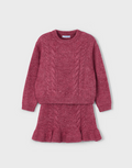 Mayoral girls eco-recycled fibers 2 piece tricot knit sweater and skirt set, cherry red, front view