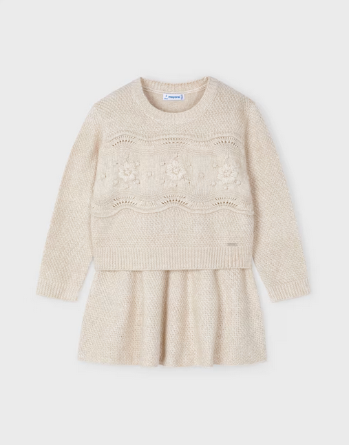 Mayoral girls tricot skirt and sweater set, sand, front view