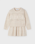 Mayoral girls tricot skirt and sweater set, sand, front view