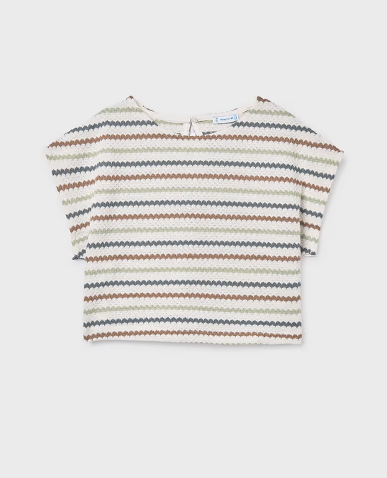 Mayoral girls bone clay stripe crochet look top, front view