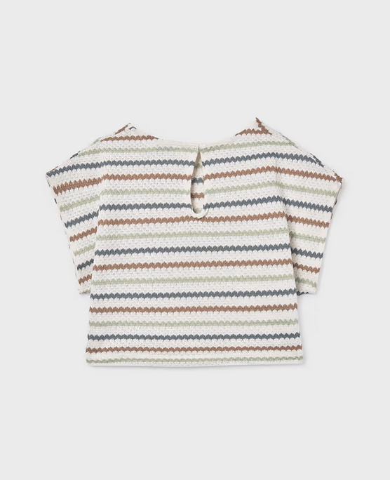 Mayoral girls bone clay stripe crochet look top, back view