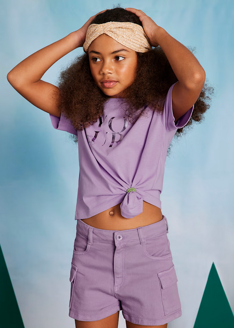Mayoral tween girls short twill cargo shorts, lilac, view 2