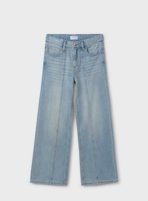 Mayoral tween girls denim wide leg pants, light, front view
