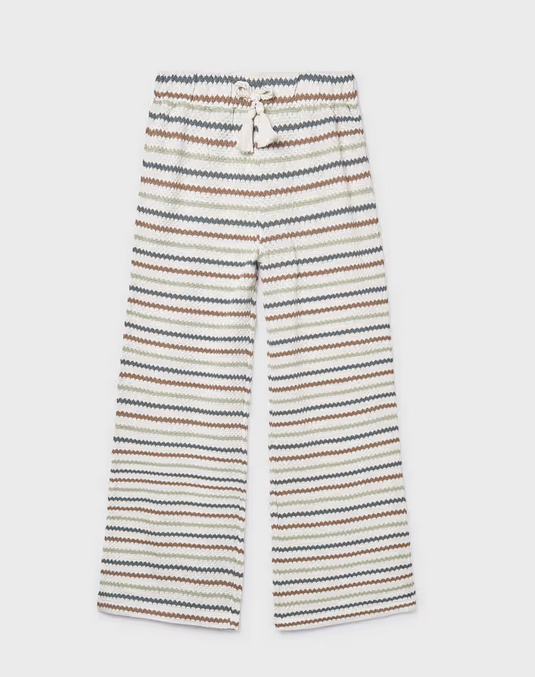 Mayoral girls bone clay stripe crochet look wide leg pants, front view