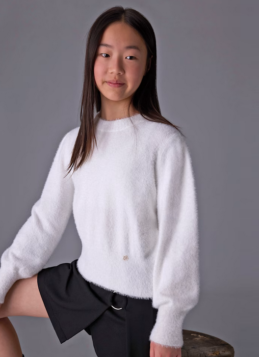 Mayoral tween girls knit fuzzy balloon sleeve sweater, natural white, front view