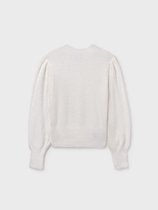 Mayoral tween girls knit fuzzy balloon sleeve sweater, natural white, view 6