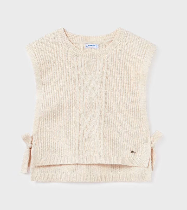 Mayoral tween girls tie side knit vest, chickpea, front view