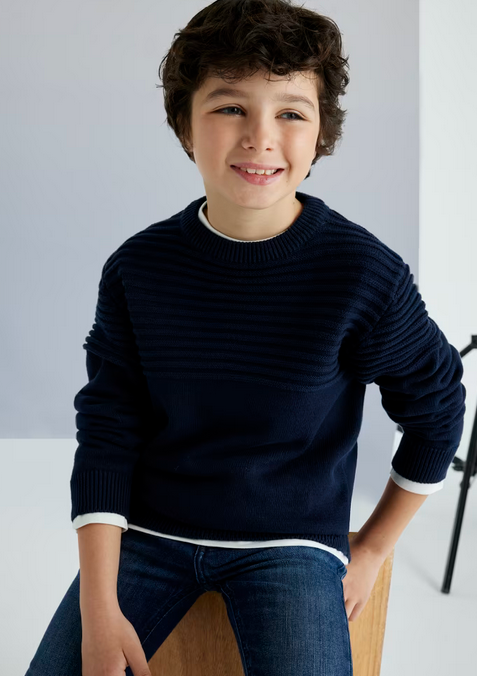 Mayoral tween boys jaquard jumper, navy, front view