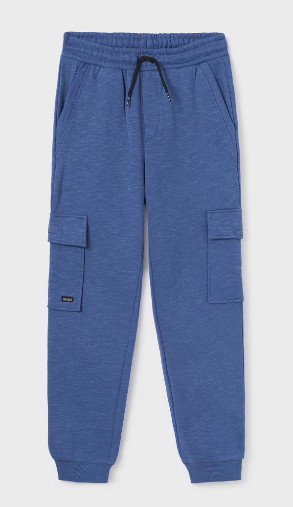 Mayoral tween boys knit cargo joggers, artic blue, front view