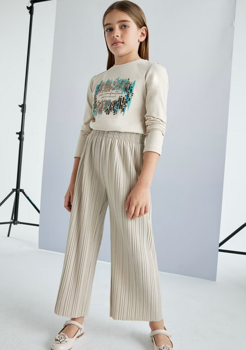Mayoral tween girls pleated pants, champagne, front view