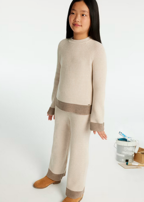 Mayoral tween girls knit sweater and pants set, stone, front view
