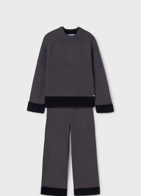 Mayoral tween girls knit sweater and pants set, charcoal, front view