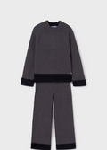 Mayoral tween girls knit sweater and pants set, charcoal, front view