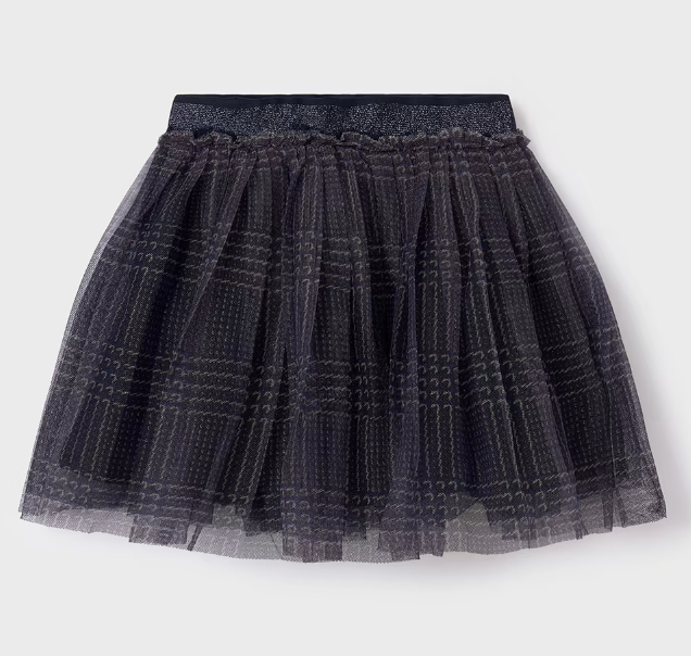 Mayoral tween girls plaid tulle skirt, navy, front view