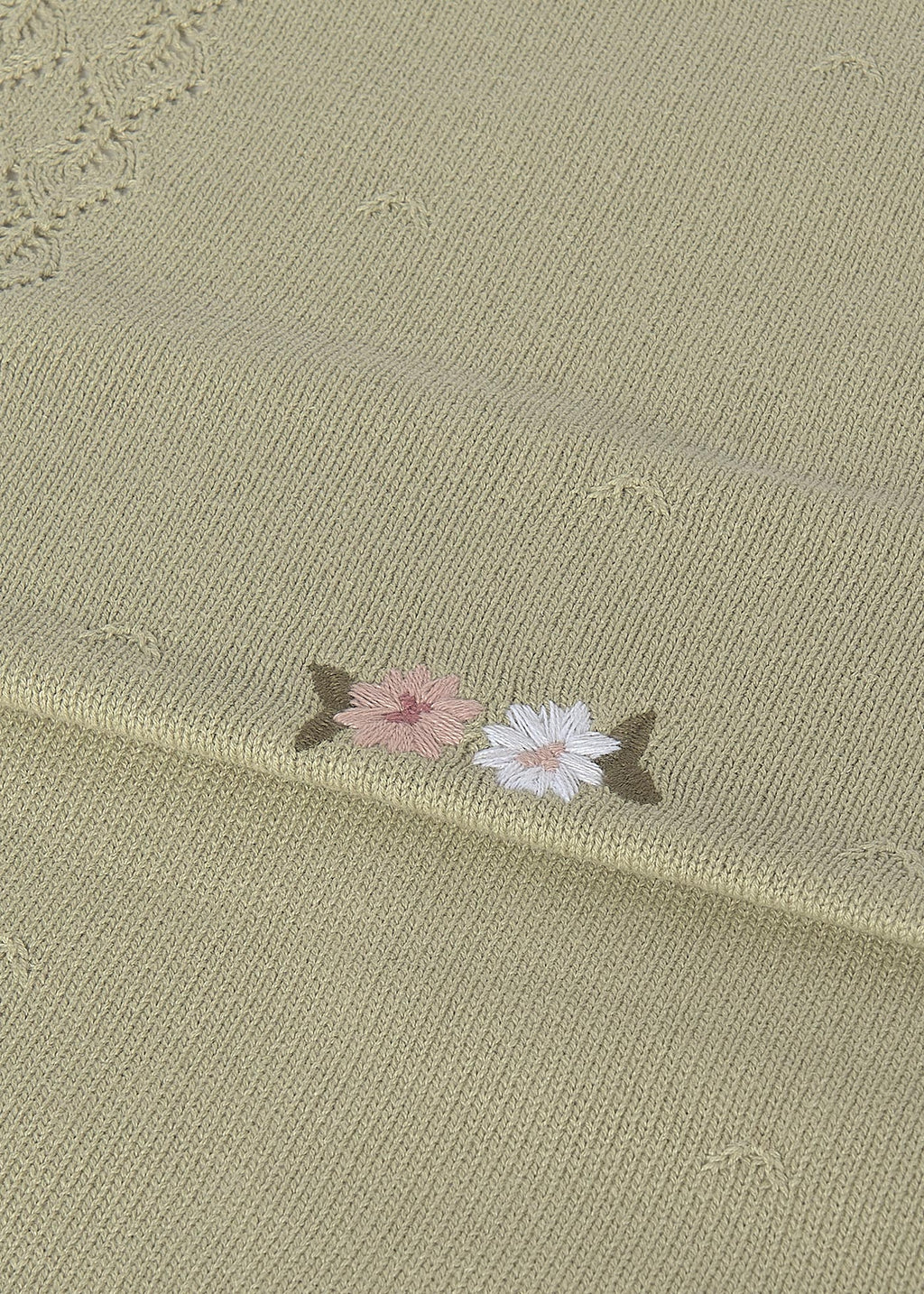 Mayoral 9132 baby unisex green embroidered flower pointelle knit cotton blanket - detail