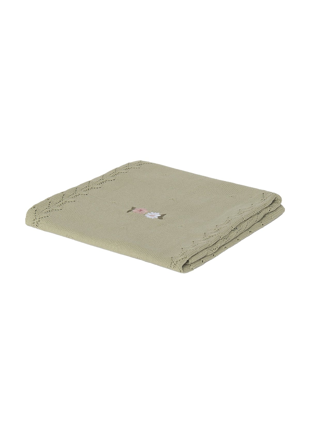 Mayoral 9132 baby unisex green embroidered flower pointelle knit cotton blanket - folded
