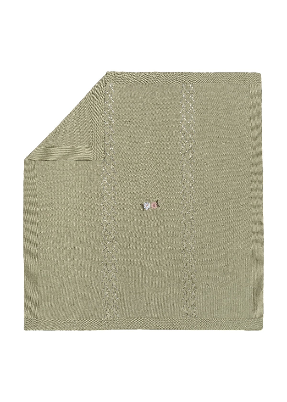 Mayoral 9132 baby unisex green embroidered flower pointelle knit cotton blanket - front