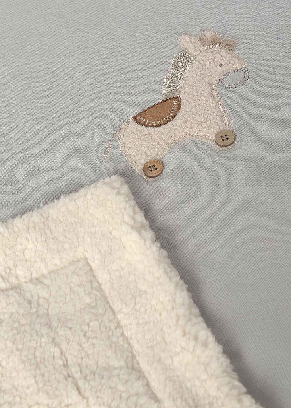 Mayoral 9144 baby unisex gray embroidered horse faux fur lined knit blanket - detail