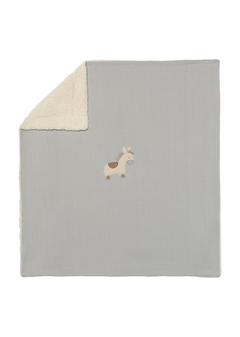 Mayoral 9144 baby unisex gray embroidered horse faux fur lined knit blanket - front