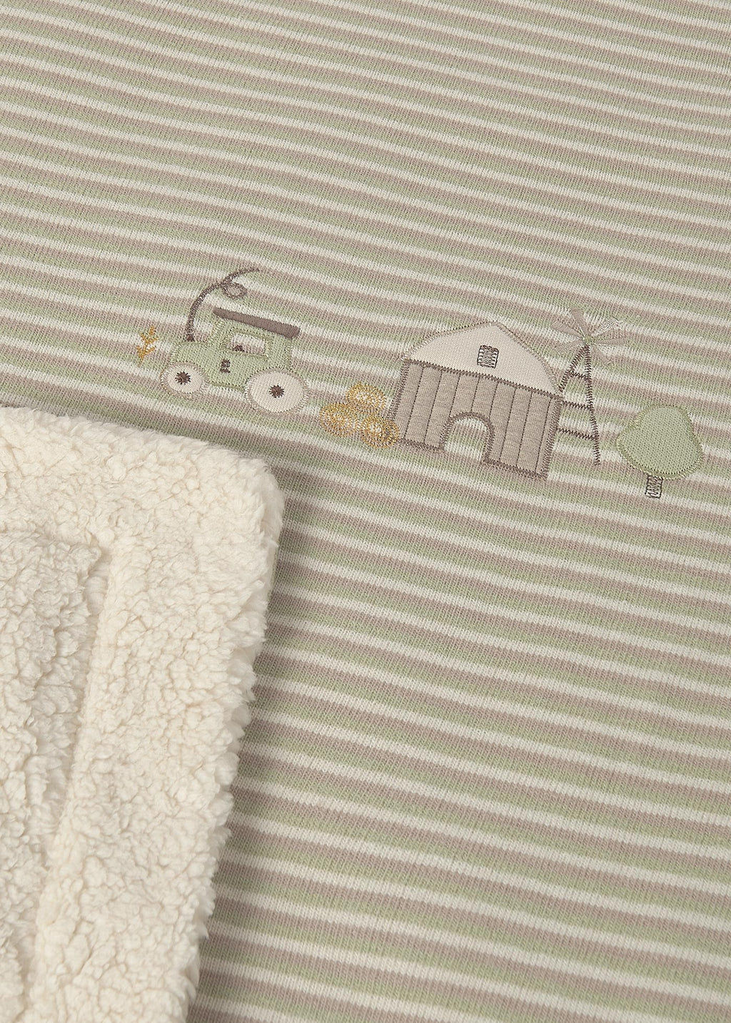 Mayoral 9144 baby unisex green striped embroidered farm faux fur lined blanket - detail