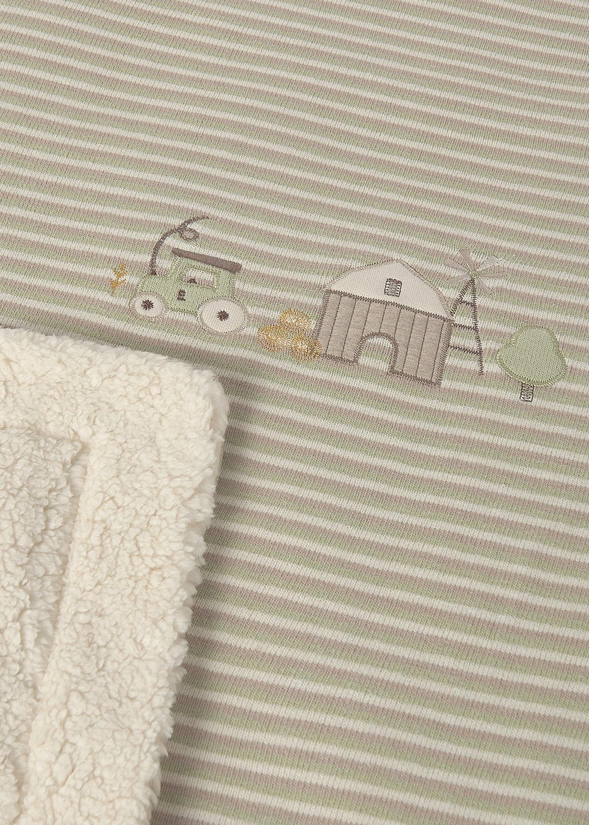 Mayoral 9144 baby unisex green striped embroidered farm faux fur lined blanket - detail