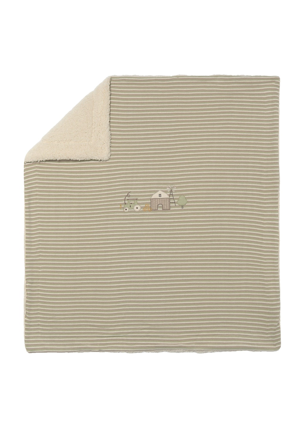 Mayoral 9144 baby unisex green striped embroidered farm faux fur lined blanket - front
