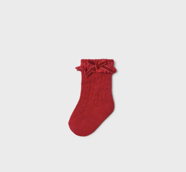 Mayoral baby girl openwork bow socks cherry red, front view