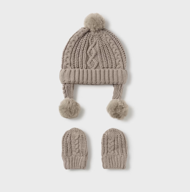 Mayoral baby eco-knit pom beanie with ear cover & mitten set, lt brown latte, front view
