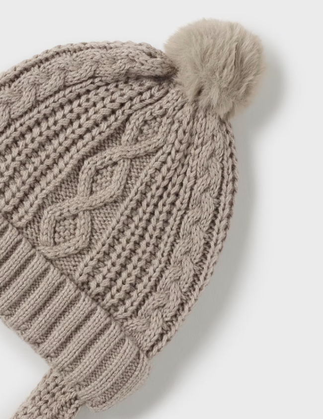 Mayoral baby eco-knit pom beanie with ear cover & mitten set, lt brown latte, view 2