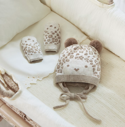 Mayoral baby girl eco-knit pom ear beanie & mitten set, milk leopard, front view