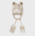 Mayoral baby girl eco-knit pom ear beanie & mitten set, milk leopard, view 2