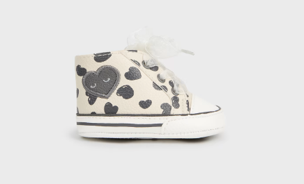 Mayoral baby girl ribbon lace up natural/black heart sneakers, chickpea, front view