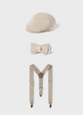 Mayoral baby boy beret and suspenders set, neutral toasted almond, front view
