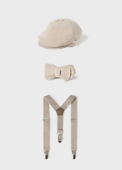 Mayoral baby boy beret and suspenders set, neutral toasted almond, front view