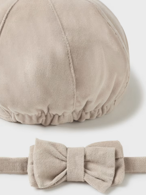 Mayoral baby boy beret and suspenders set, neutral toasted almond, view 3