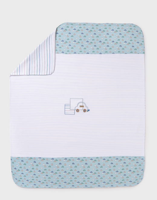 Mayoral baby boy cotton embroidered reversible blanket, jade cars, front view