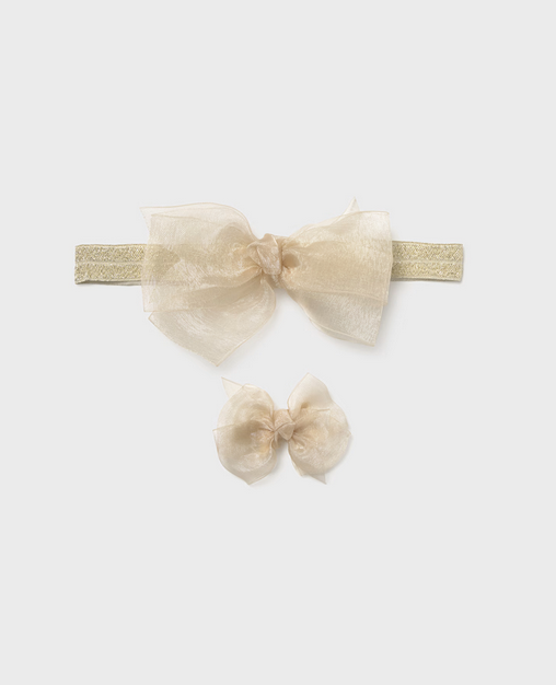 Mayoral baby girl organza headband & nonslip hair clip set, 2 piece, champagne, front view