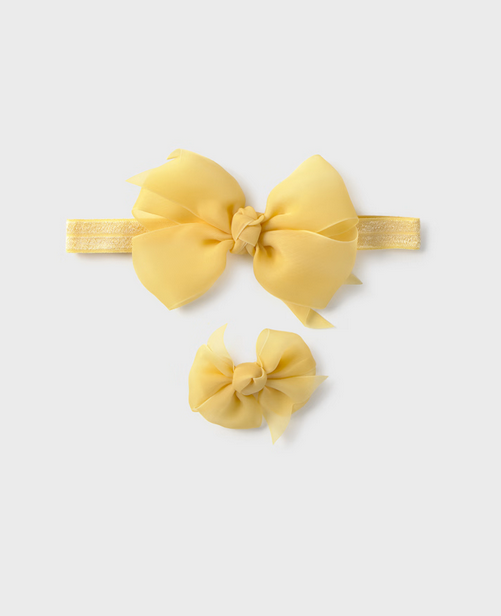 Mayoral baby girl organza headband & nonslip hair clip set, 2 piece, sunflower yellow, front view
