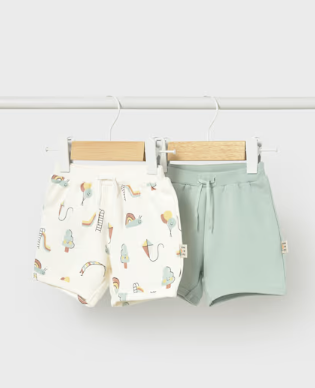 Mayoral baby boy 2 pack play shorts in mint and natural print, on a hanger