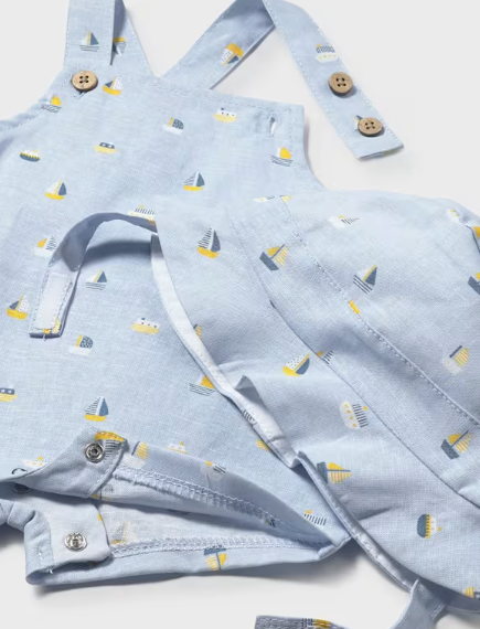 Mayoral baby boy light blue print overalls with sun hat, close-up of the print