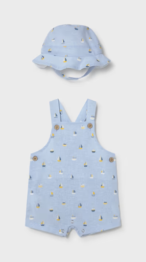 Mayoral baby boy light blue print overalls with sun hat, front view