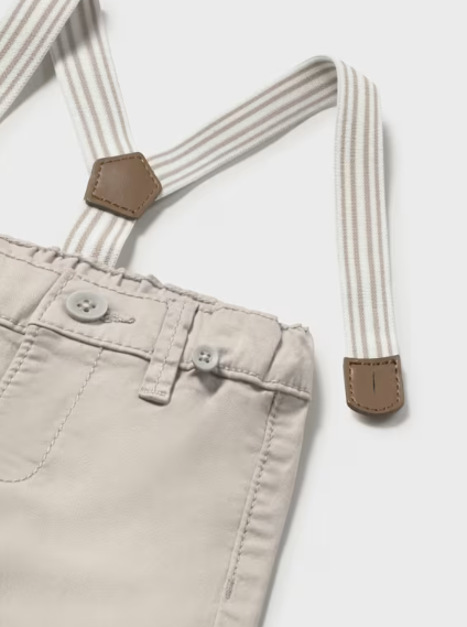 Mayoral baby boy steel grey pants with suspenders, close-up of the suspenders