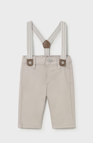 Mayoral baby boy steel grey pants with suspenders, front view