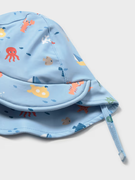 Mayoral baby boy blue ocean print rash guard swimsuit with sun hat, close-up of the sun hat