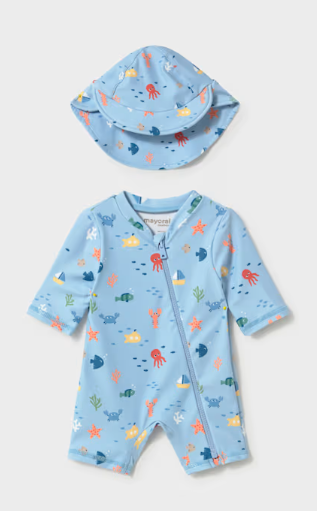 Mayoral baby boy blue ocean print rash guard swimsuit with sun hat, front view