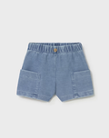 Mayoral baby boy light denim cargo pocket shorts, front view