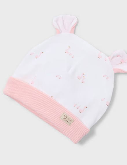 Mayoral baby girl pink footie, hat and bib gift set with textured geese, close-up of the hat with ears