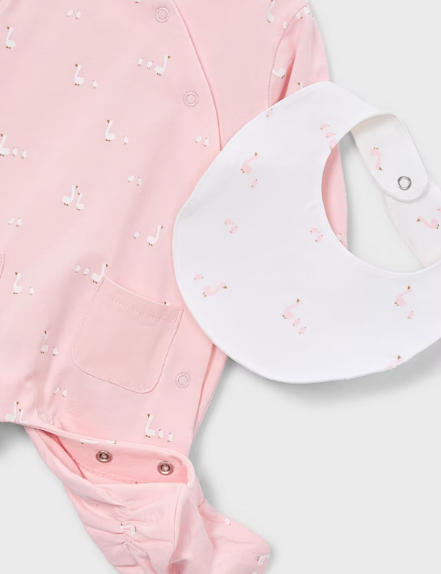 Mayoral baby girl pink footie, hat and bib gift set with textured geese, close-up of the bib and geese